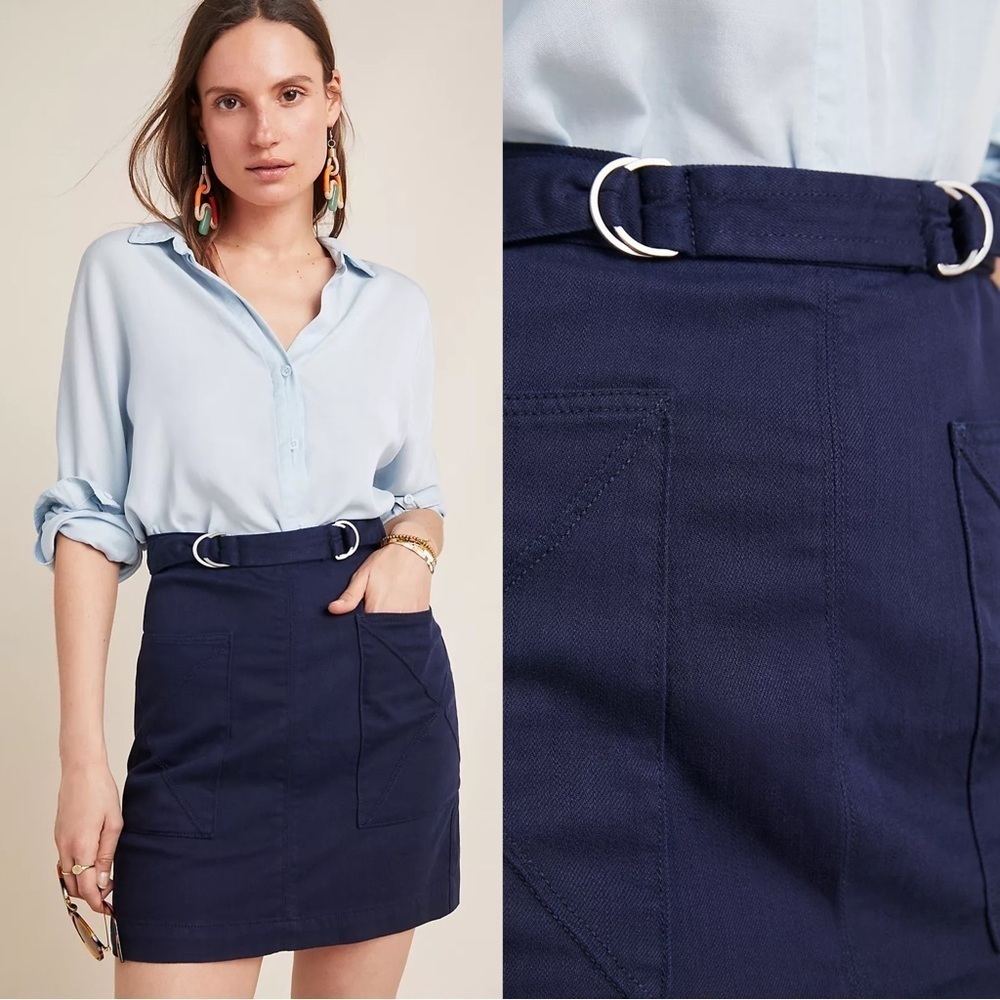 Pilcro • Anthro Mina A-Line Skirt navy blue mini patch pocket twill